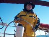 Lesley Quin at the helm of Majendie enroute Victoria Monday afternoon--awesome sail!